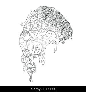 Black and White Slice Pizza With Vegetable and Meat Using Line Art Doodle Style Stock Vector