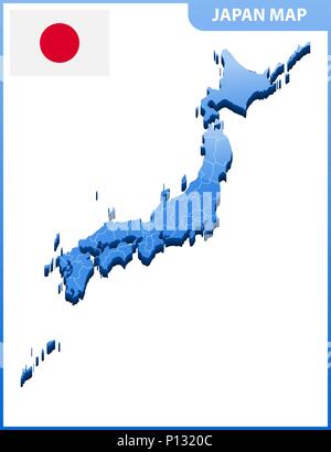 Highly detailed three dimensional map of Japan. Administrative division.