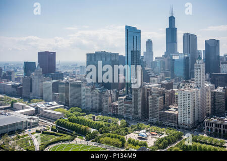 Aerial view of Millennium Park and downtown Chicago Stock Photo