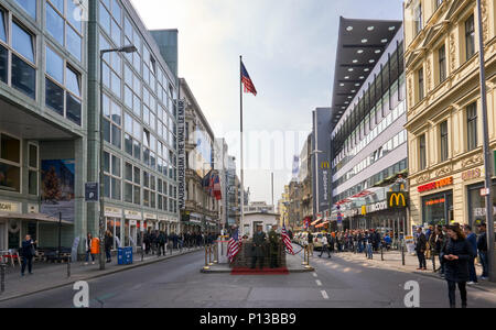 Berlin, Germany - April 5, 2017: Checkpoint Charlie in Berlin with soldiers in uniform Stock Photo