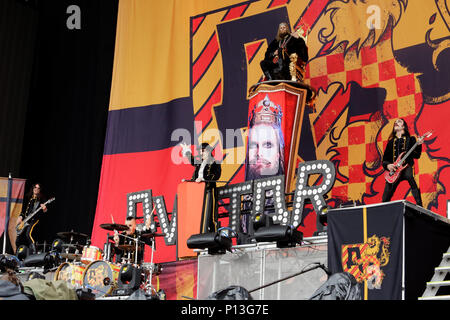 Henrik Sandelin, John Alfredsson, Johannes Eckerström, Jonas Jarlsby and Tim Öhrström of the band Avatar perform on stage during Download Festival. Stock Photo