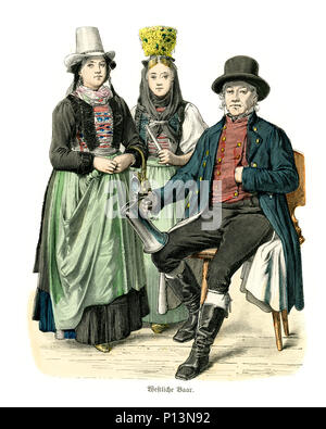 Vintage engraving of History of Fashion, Costumes of Germany Men and women of Baden19th Century Stock Photo