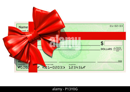 Blank bank check with red bow, 3D rendering isolated on white background Stock Photo