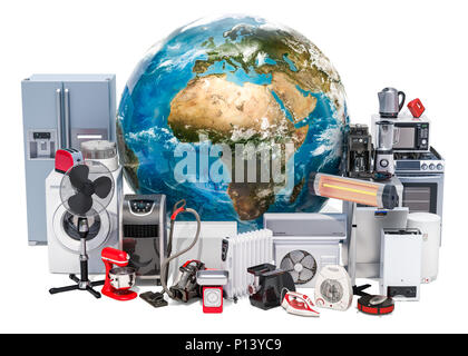 Set of kitchen and household appliances around the Earth Globe. Global shopping concept, 3D rendering Stock Photo