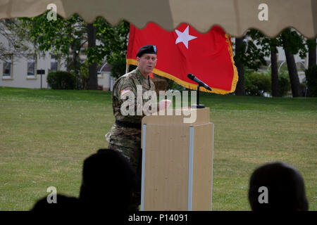 KAISERSLAUTERN, Germany — Army Reserve Brig. Gen. Steven W. Ainsworth, commanding general, 7th Mission Support Command gives remarks during the 7th MSC’s Medical Support Unit-Europe change of command ceremony on Daenner Kaserne, May 6, 2017.    Army Reserve Col. Daniel F. Bohmer, commander, Medical Support Unit – Europe, 7th MSC assumed command from Army Reserve Col. Bidemi Y. Olaniyi-Leyimu, MSU-E, 7th MSC.   The MSU-E is an Army Reserve unit under the command of the 7th MSC, which has Soldiers with 29 medical specialties plus administrative professionals. Stock Photo