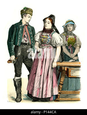 Vintage engraving of History of Fashion, Costumes of Germany Men and women of Baden19th Century Stock Photo