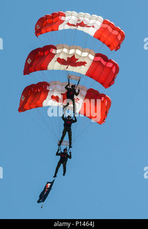 The Skyhawks, the Canadian armed forces parachute team, perform for spectators at the 2017 Barksdale Air Force Base Airshow, May 6. The Skyhawks have performed aerobatic stunts for more than 75 million spectators over 40 years. Stock Photo