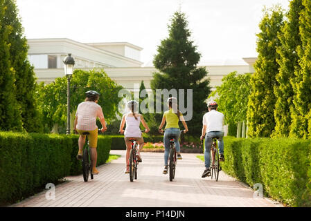 Group of people riding bicycles, rear view. Four friends cycling on road in summer park, back view. Enjoying summer weekend. Stock Photo