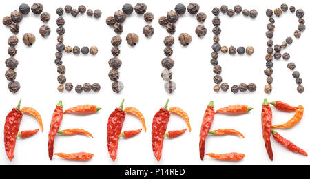 Compilation of peppercorns and dried cayenne peppers spelling out the word 'PEPPER' - isolated Stock Photo