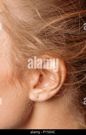Detail of the head with female human ear and blond hair close up. Stock Photo