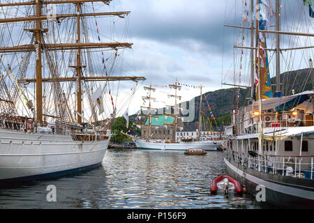 Tall Ships Race 2008. Bergen, Norway. Brazilian clipper Cisne Branco, Mexican barque Cuauhtemoc, Uruguayan schooner Capitan Miranda Stock Photo