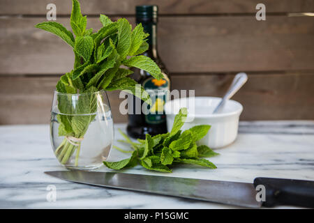 Fresh sprigs of mint leaves in water with a bottle of balsamic vinegar and a dish of sugar ready to make mint sauce Stock Photo