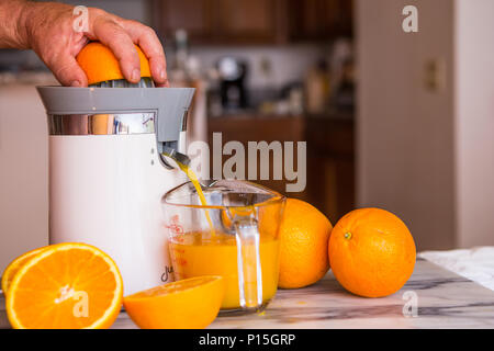 tabletop electric orange and citrus fruit juicer in a home kitchen with fresh whole and cut oranges . Stock Photo