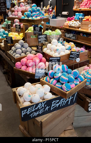 A colourful display of bath soaps for sale at Lush, a handmade organic cosmetics store of East 14th Street in Manhattan, New York City. Stock Photo