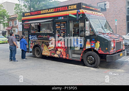 Franky's Souvlaki of Astoria, a food truck specializing in Greek food,  parked on 31st Ave off Steinway Street in Astoria Queens, NYC. Stock Photo