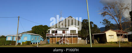 Panorama of three different generations of Queenslander houses, Gordonvale, near Cairns, Queensland, Australia. No PR Stock Photo