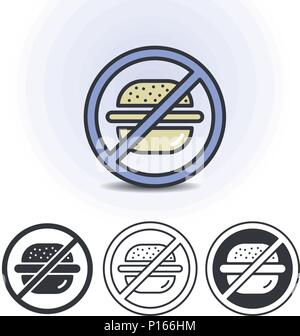 Stop fast food sign. No burger symbol. Contour line flat colored vector icon. Different variations for website or app infographics. Stock Vector
