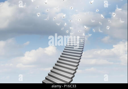 Stairway to heaven concept as stairs going up to a glowing bright sky as a symbol for faith and hope with 3D illustration elements. Stock Photo