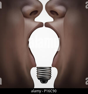 Creative talk and exchange of ideas business concept as two people collaborating together with their talking mouths shaped as a light bulb with 3D ill