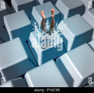 Work escape and office rest and relaxation concept as an employee worker diving into a computer keyboard with 3D illustration elements. Stock Photo