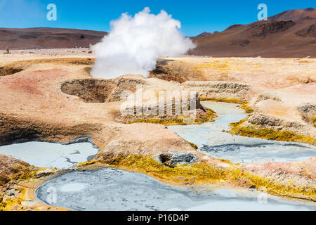 The geothermal and volcanic activity of Sol de Manana in the Eduardo Avaroa Reserve between the Uyuni Salt Flat and the Atacama desert, Bolivia. Stock Photo