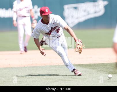 South Carolina Gamecocks third baseman Michael Braswell (7) on defense  against the Charlotte 49ers at Truist Field on March 21, 2023 in Charlotte,  North Carolina. (Brian Westerholt/Four Seam Images via AP Stock