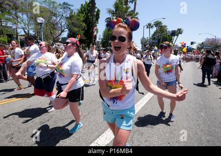 Los Angeles, USA. 10th June, 2018. Parade participants march along Santa Monica Boulevard during the LA Pride Parade in Los Angeles, the United States, June 10, 2018. Credit: Zhao Hanrong/Xinhua/Alamy Live News Stock Photo