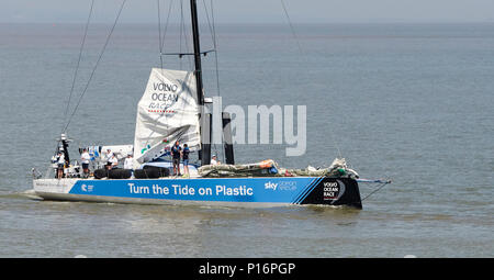 Cardiff Bay, Cardiff, Wales UK. 10th June 2018.  Turn the Tide on Plastic Clean Seas,  leaves port to prepare for the start of The Volvo Ocean Race  Leg 10 Cardiff to Gothenburg. Credit: Phillip Thomas/Alamy Live News Stock Photo