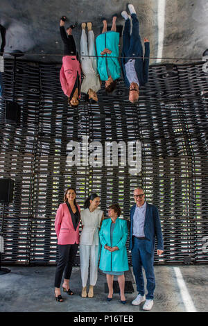 London, UK. 11th June 2018. Yana peel, CEO Serpentine Gallery, Frida Escobedo, the architect, Sally Boyle, Goldman Sachs, Hans Ulrich,Obvist, artisitic Director Serpentine Galleries - Serpentine Pavilion 2018, designed by the Mexican architect Frida Escobedo. The courtyard-based design draws on both the domestic architecture of Mexico and British materials. It is alligned the Prime Meridian line at London’s Royal Observatory in Greenwich. Credit: Guy Bell/Alamy Live News Stock Photo