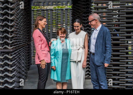 London, UK. 11th June 2018. Yana peel, CEO Serpentine Gallery, Sally Boyle, Goldman Sachs,Frida Escobedo, the architect,  Hans Ulrich,Obvist, artisitic Director Serpentine Galleries - Serpentine Pavilion 2018, designed by the Mexican architect Frida Escobedo. The courtyard-based design draws on both the domestic architecture of Mexico and British materials. It is alligned the Prime Meridian line at London’s Royal Observatory in Greenwich. Credit: Guy Bell/Alamy Live News Stock Photo