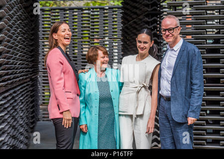 London, UK. 11th June 2018. Yana Peel, CEO Serpentine Gallery, Sally Boyle, Goldman Sachs,Frida Escobedo, the architect,  Hans Ulrich,Obvist, artisitic Director Serpentine Galleries - Serpentine Pavilion 2018, designed by the Mexican architect Frida Escobedo. The courtyard-based design draws on both the domestic architecture of Mexico and British materials. It is alligned the Prime Meridian line at London’s Royal Observatory in Greenwich. Credit: Guy Bell/Alamy Live News Stock Photo