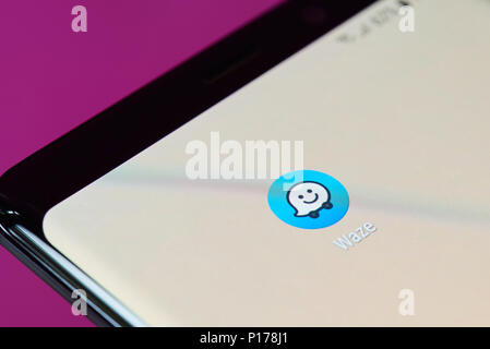 New york, USA - June 10, 2018: Waze navigator app on android smartphone screen close up view Stock Photo