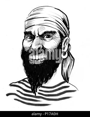 Mad pirate face. Ink black and white drawing Stock Photo