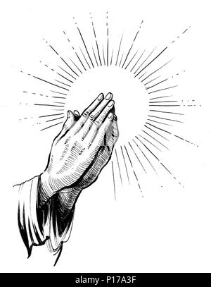 Praying hands. Ink black and white illustration Stock Photo