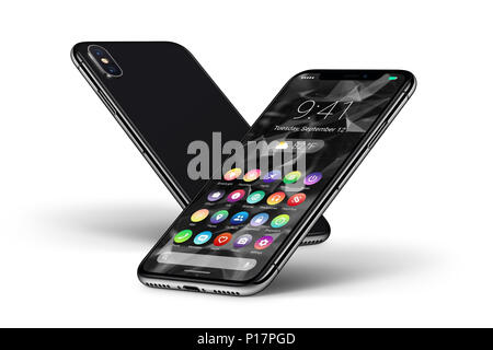 Perspective black smartphones with material design flat UI interface front side and back side. Android phone concept. Stock Photo