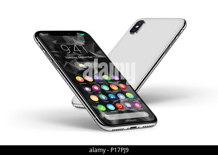 Perspective white smartphones with material design flat UI interface front side and back side. Android phone concept. Stock Photo