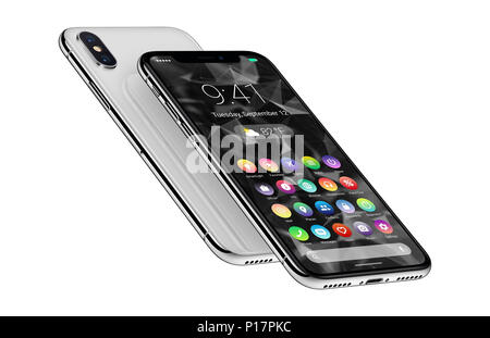 Perspective smartphones with material design flat UI interface front and back sides one above the other. Android phone concept. Stock Photo