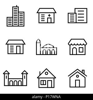 Building icon set lined simple flat style illustration. Stock Vector