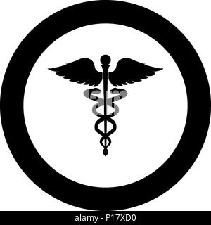 Caduceus health symbol Asclepius's Wand icon black color in circle round vector I Stock Vector