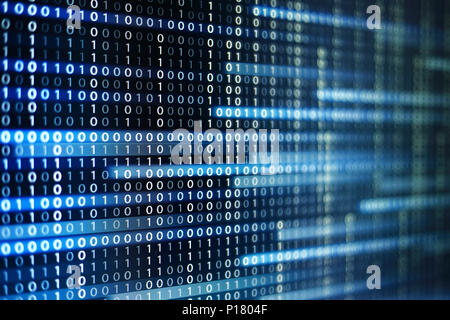 binary code data bit screen display on laptop computer screen. matrix of data flow. Rise of the big data AI age. artificial intelligence data transfer Stock Photo