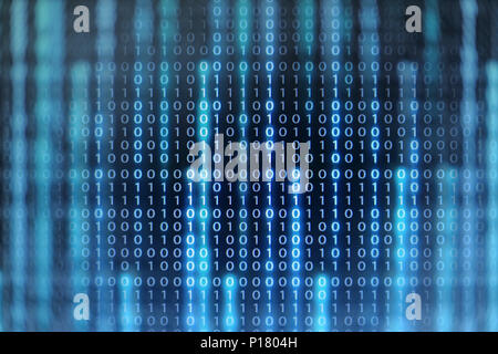 binary code data bit screen display on laptop computer screen. matrix of data flow. Rise of the big data AI age. artificial intelligence data transfer Stock Photo