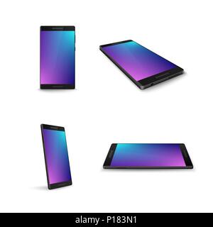 Mobile phone. Smart phone from different sides. Realistik modern gadget layout. 3d mobile phone template element. Vector illustration isolated on whit Stock Vector