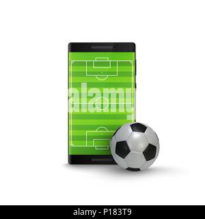 Sport betting online. Mobile phone with football soccer ball and field on the screen. Vector illustration Isolated on white background Stock Vector