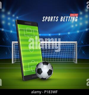 Sport betting online. Mobile phone with soccer field on screen and realistik football ball in front. Soccer stadium on background. Vector illustration Stock Vector