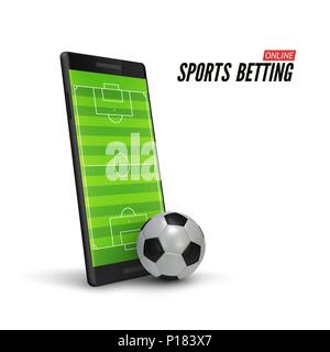 Sport betting online. Mobile phone with soccer field on screen and realistik football ball in front. Vector illustration isolated on white background Stock Vector
