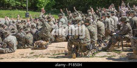 U.S. Marines of India Company raise their hands during a town hall at The Basic School, Marine Corps Base Quantico, May 8, 2017. Commandant of the Marine Corps Gen. Robert B. Neller spoke about the future of the Marine Corps, leadership expectations, and importance of respecting fellow Marines. Stock Photo