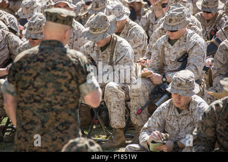 U.S. Marines of India Company take notes during a town hall at The Basic School, Marine Corps Base Quantico, May 8, 2017. Commandant of the Marine Corps Gen. Robert B. Neller spoke about the future of the Marine Corps, leadership expectations, and importance of respecting fellow Marines. Stock Photo