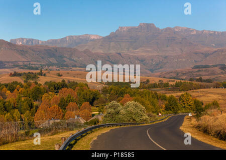 Drakensberg mountains early morning autumn fall colors overlooking champagne castle mountain and valley a scenic landscape Stock Photo