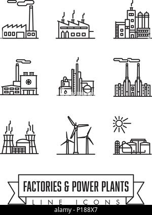 Vector line icons of factories and power plants Stock Vector