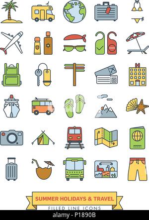 Summer holidays and global travel line icons with color fill collection Stock Vector